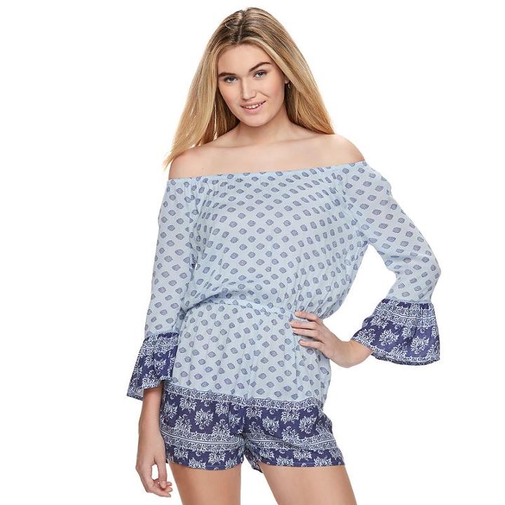 Juniors' Mudd&reg; Print Off The Shoulder Romper, Girl's, Size: Medium, Light Blue