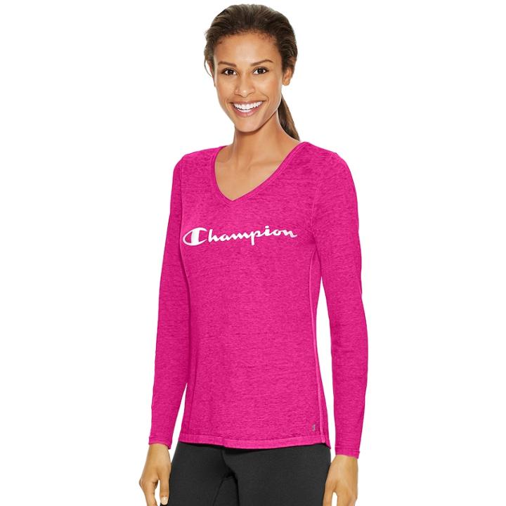 Women's Champion Long Sleeve V-neck Tee, Size: Large, Dark Pink