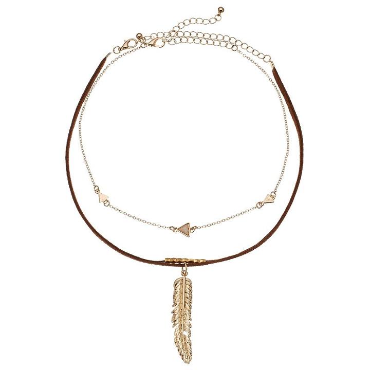 Mudd&reg; Faux Suede Feather & Triangle Choker Necklace Set, Girl's, Brown