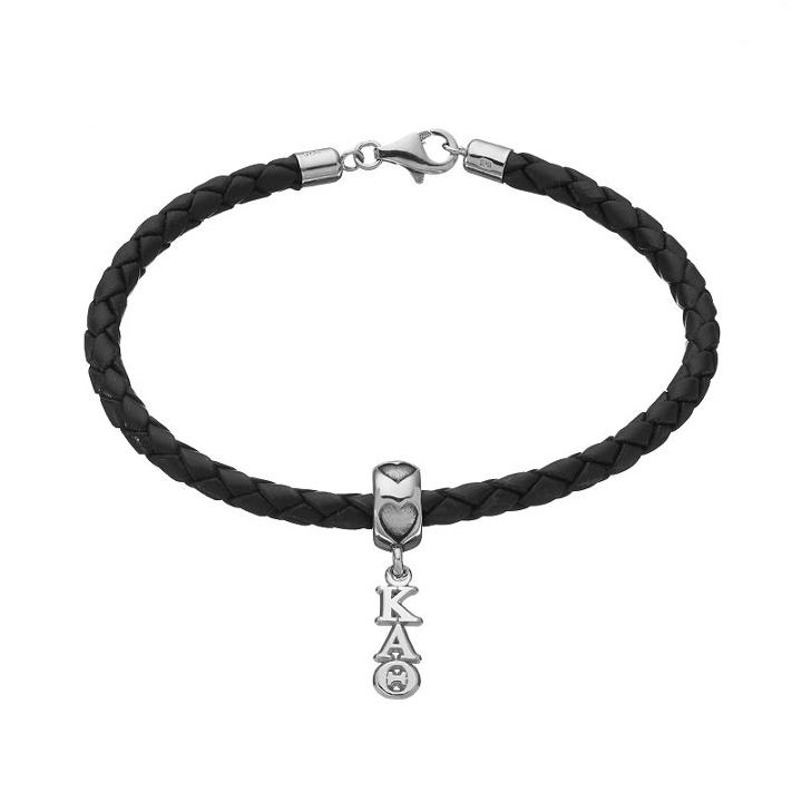 Logoart Kappa Alpha Theta Sterling Silver & Leather Sorority Bracelet, Women's, Size: 7.5, Grey