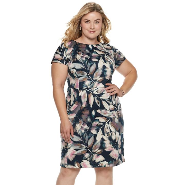 Plus Size Suite 7 Leaf Print Dress, Women's, Size: 14 W, Palm Leaf Teal