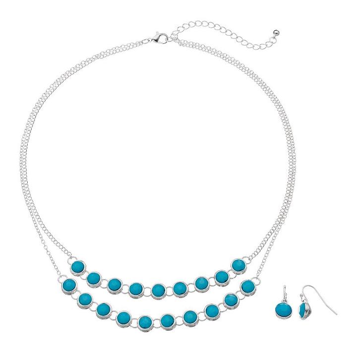 Aqua Stone Double Strand Necklace & Drop Earring Set, Women's, Turq/aqua