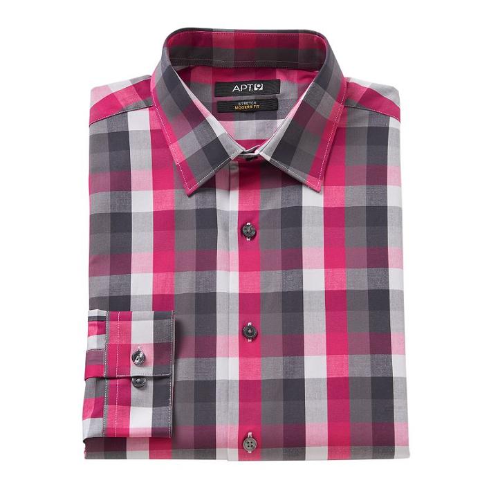Men's Apt. 9&reg; Extra-slim Fit Gingham-checked Stretch Dress Shirt, Size: 17.5-32/33, Pink
