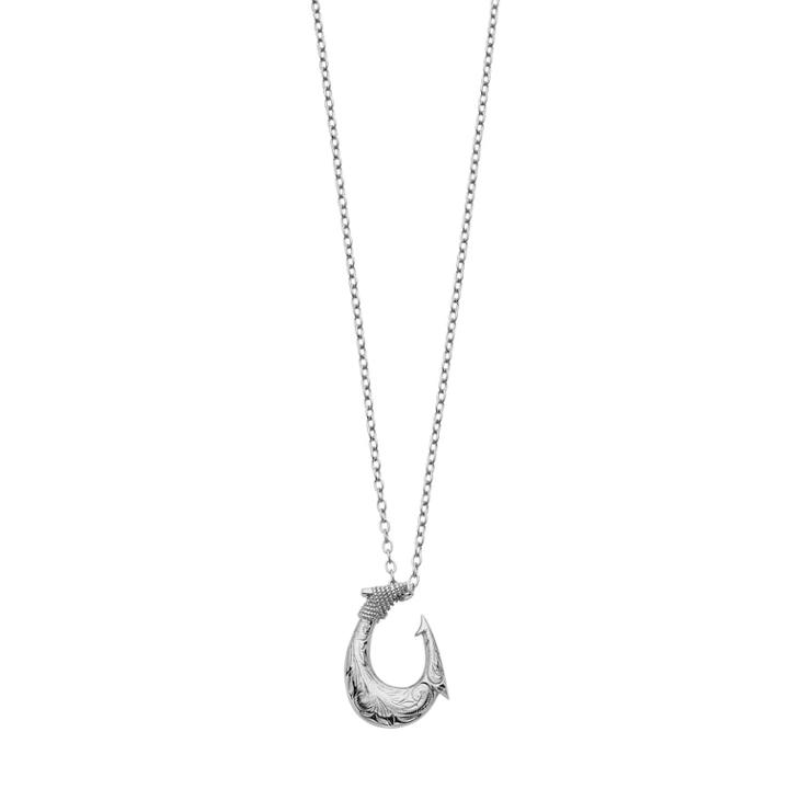 Focus For Men Stainless Steel Textured Hook Pendant Necklace, Silver