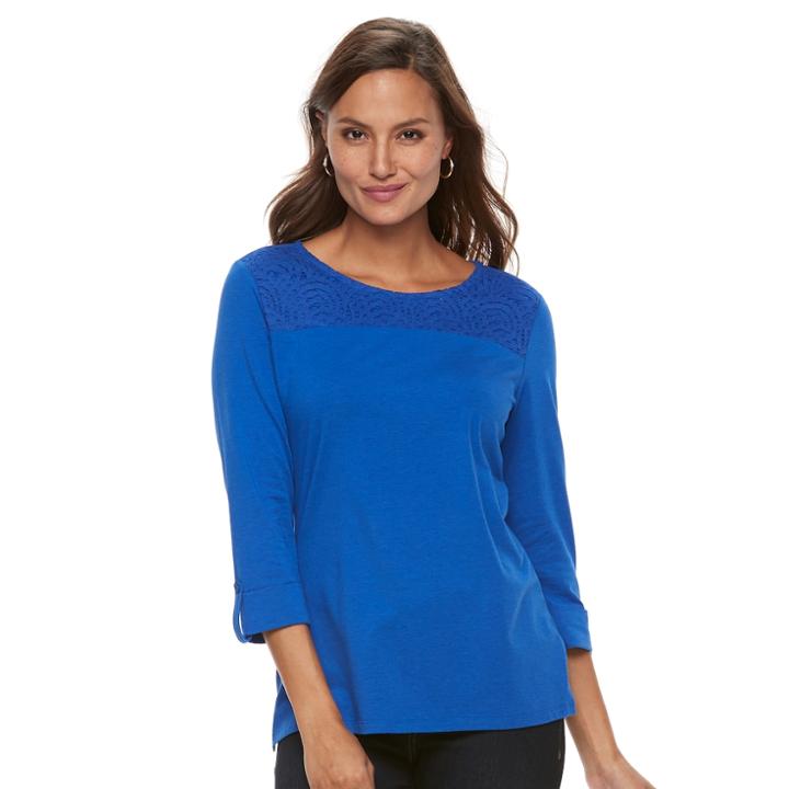 Women's Croft & Barrow&reg; Lace Yoke Popover Top, Size: Xxl, Med Blue