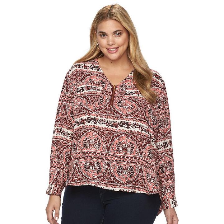 Plus Size Harve Benard High-low Zipper V-neck Pocket Top, Women's, Size: 2xl, Dark Red