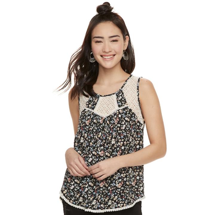 Juniors' Rewind Lace Yoke Tank Top, Teens, Size: Small, Black