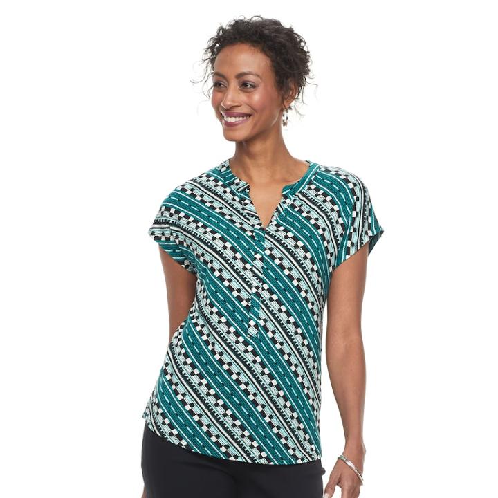 Women's Dana Buchman Print Splitneck Top, Size: Xl, Dark Green
