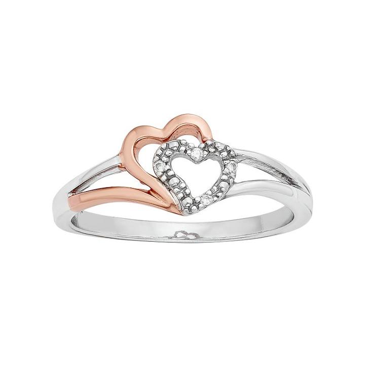 Diamond Accent 10k Rose Gold & Sterling Silver Heart Ring, Women's, Size: 6, White