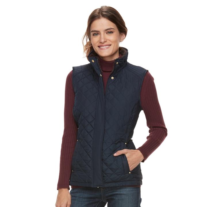 Women's Weathercast Faux-fur Lined Quilted Vest, Size: Small, Dark Blue