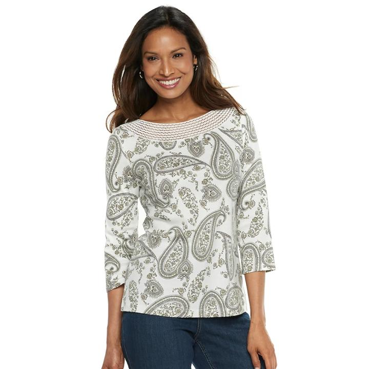 Women's Croft & Barrow&reg; Crochet Trim Boatneck Top, Size: Large, Lt Green