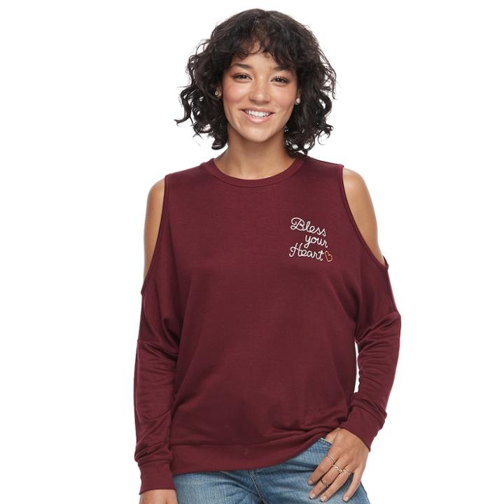 Juniors' About A Girl Bless Your Heart Graphic Cold-shoulder Sweatshirt, Size: Small
