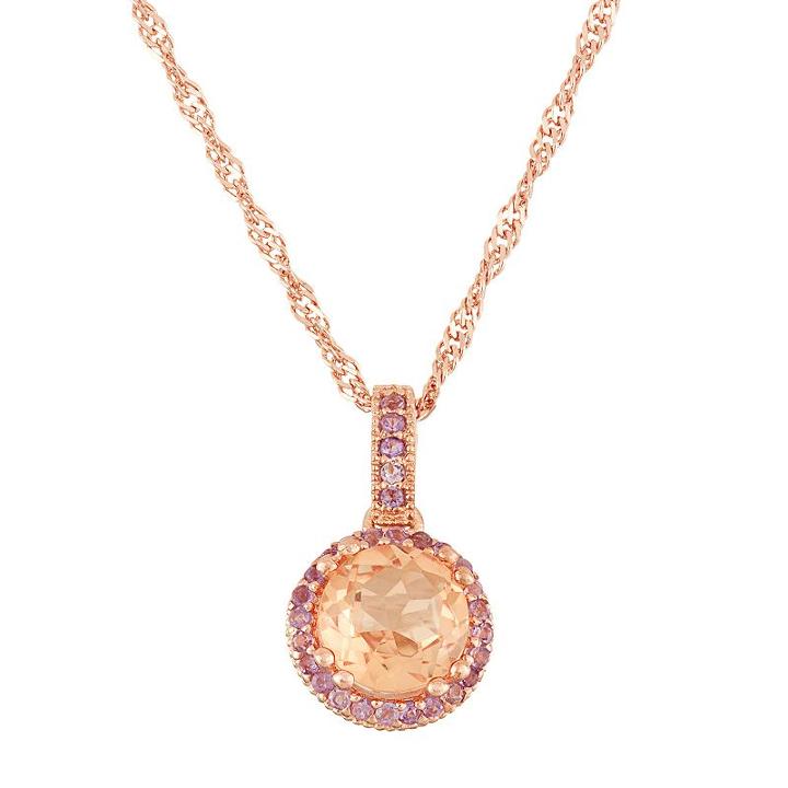 14k Rose Gold Over Silver Peach Quartz & Amethyst Halo Pendant, Women's, Size: 16, Orange