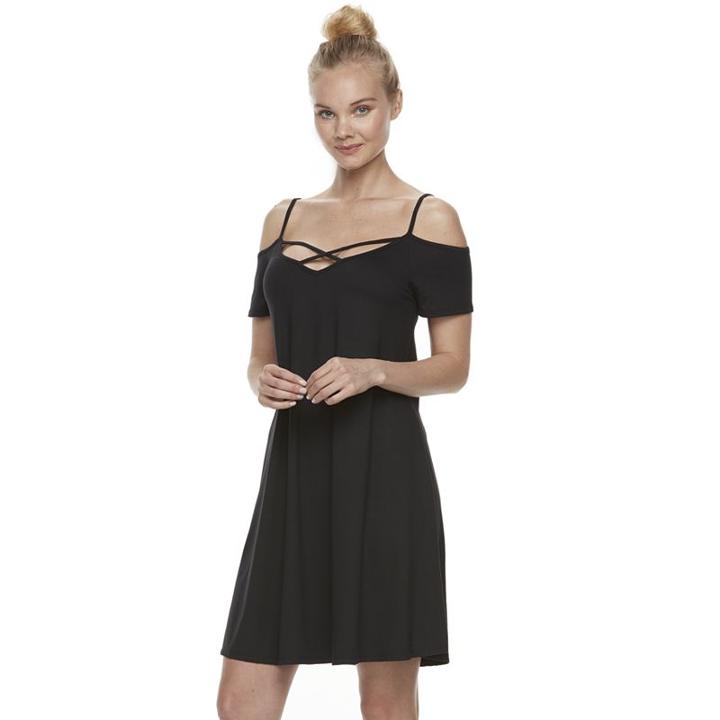 Juniors' Mudd&reg; Strappy Off-the-shoulder Fit & Flare Dress, Teens, Size: Large, Black