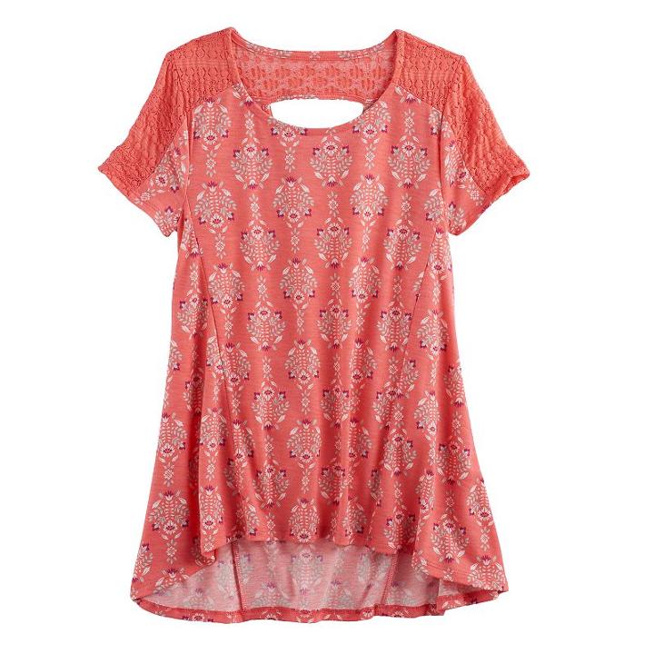 Girls 7-16 & Plus Size Mudd&reg; Lace-pieced Keyhole Swing Tee, Size: 16 1/2, Lt Orange