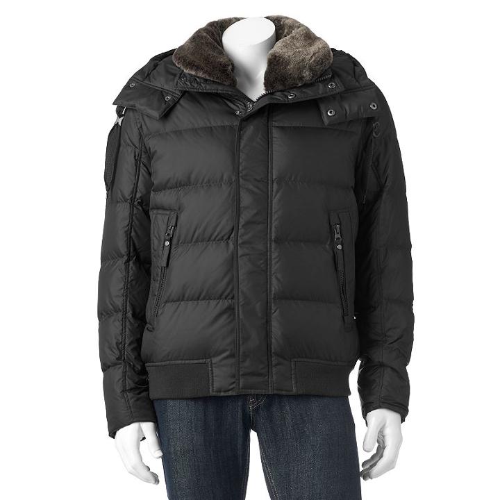 Men's Andrew Marc Down Hooded Faux-fur Trim Bomber Jacket, Size: Large, Black