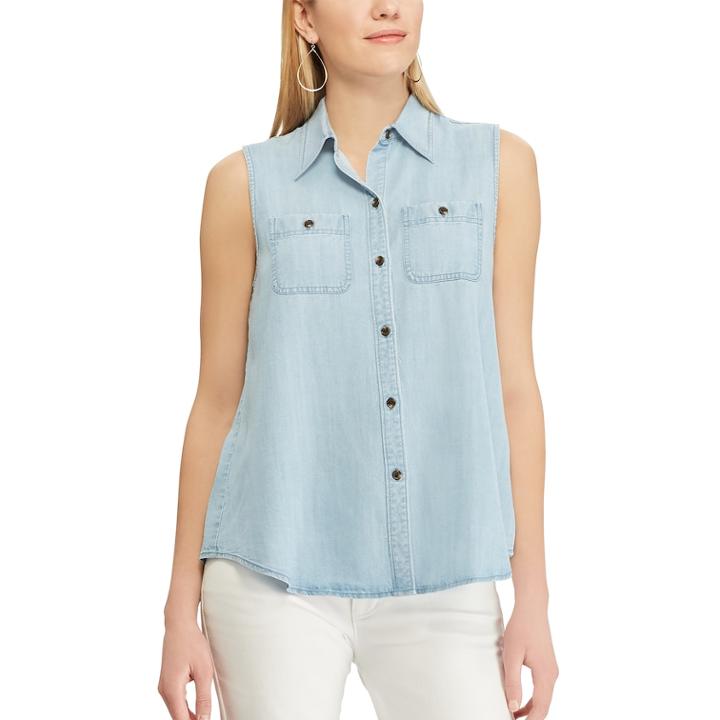Petite Chaps Sleeveless Chambray Shirt, Women's, Size: L Petite, Blue