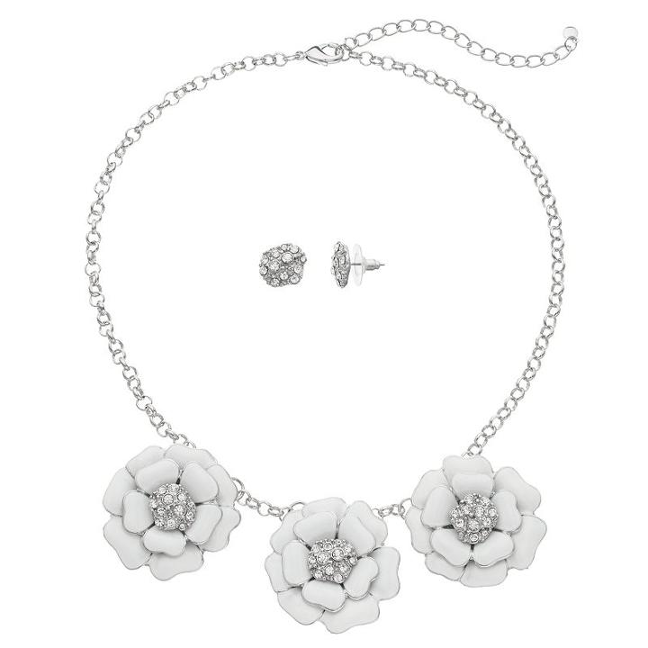 White Flower Statement Necklace & Stud Earring Set, Women's
