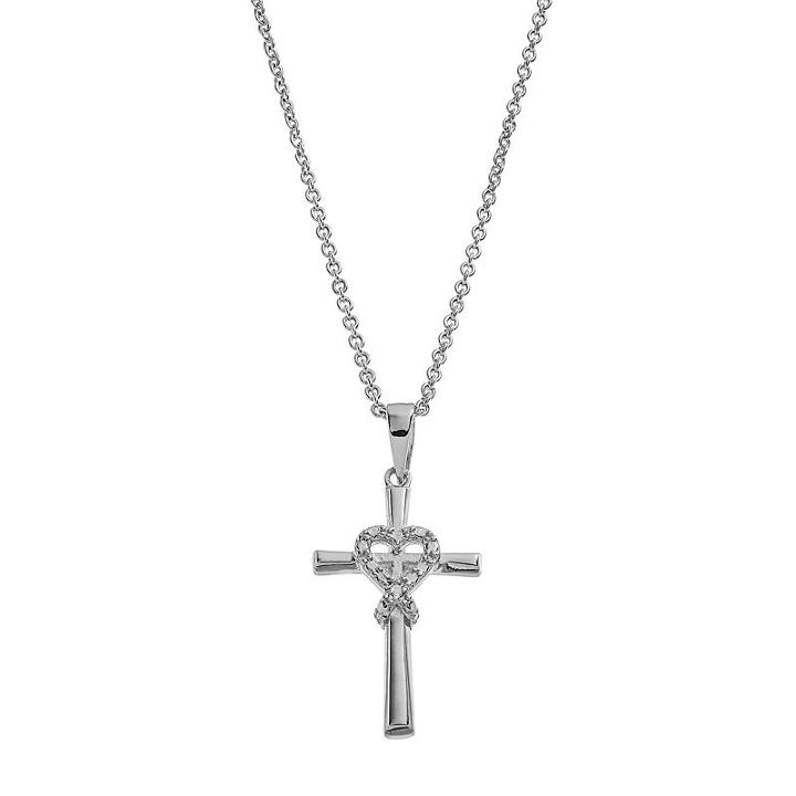 Delicate Diamonds Sterling Silver Heart Cross Pendant Necklace, Women's, Grey