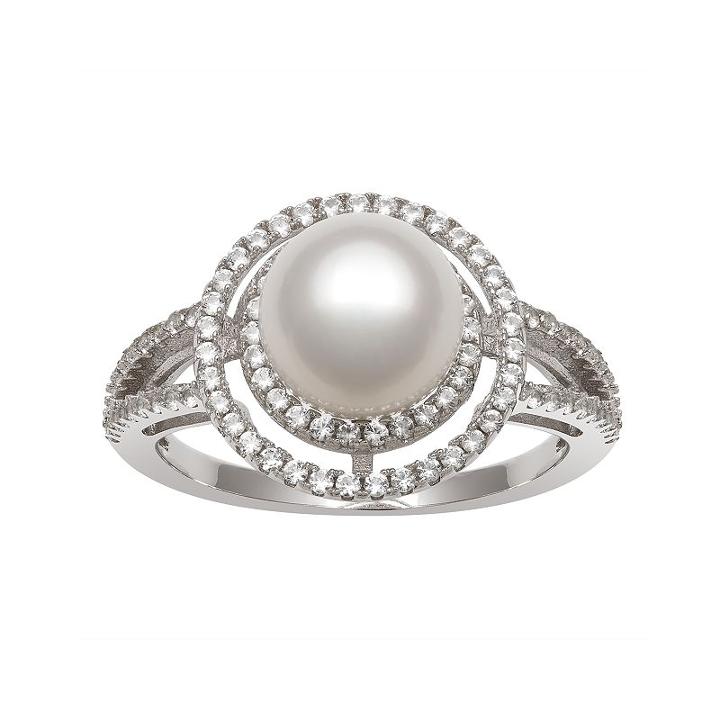 Sterling Silver Freshwater Cultured Pearl & Lab-created White Sapphire Halo Ring, Women's, Size: 7