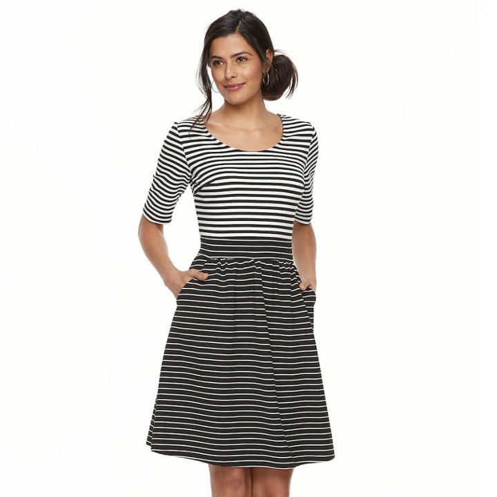 Women's Nina Leonard Striped Fit & Flare Dress, Size: Xl, Light Grey