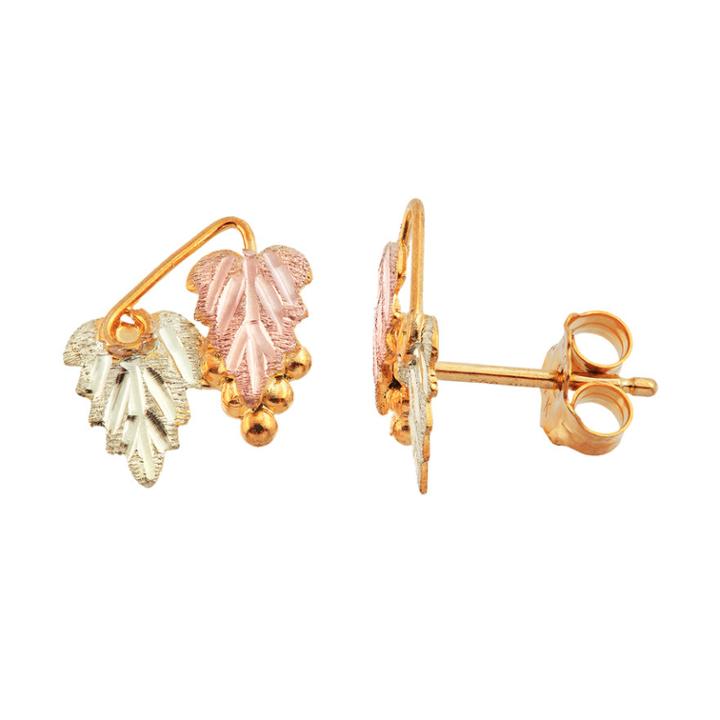 Black Hills Gold Tri Tone Leaf Stud Earrings, Women's