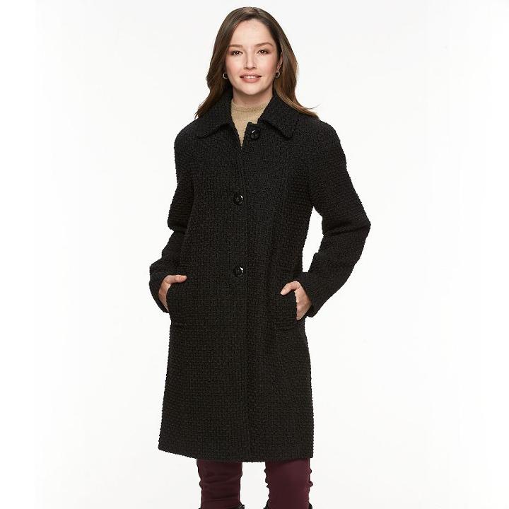 Women's Gallery Basketweave Long Wool Blend Coat, Size: Xl, Black