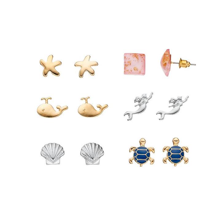 Mudd&reg; Whale, Mermaid, Seashell & Turtle Stud Earring Set, Women's, Multicolor