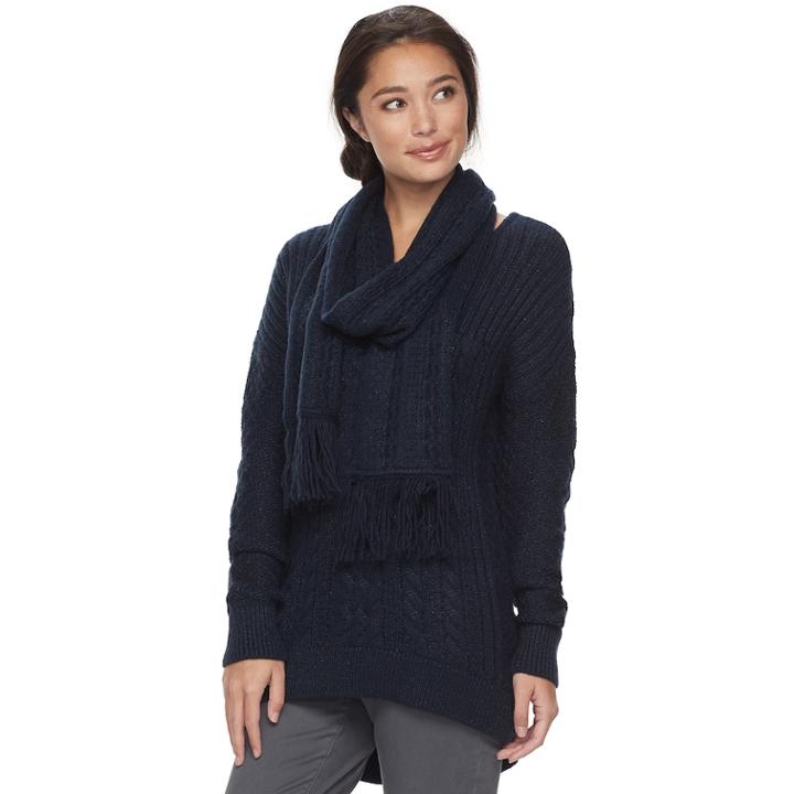 Women's Sonoma Goods For Life&trade; Cable Knit Crewneck Sweater & Scarf, Size: Xxl, Blue (navy)