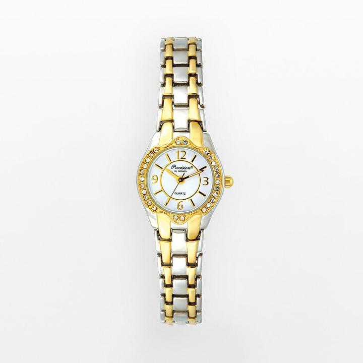 Precision By Gruen Women's Crystal Two Tone Watch, White