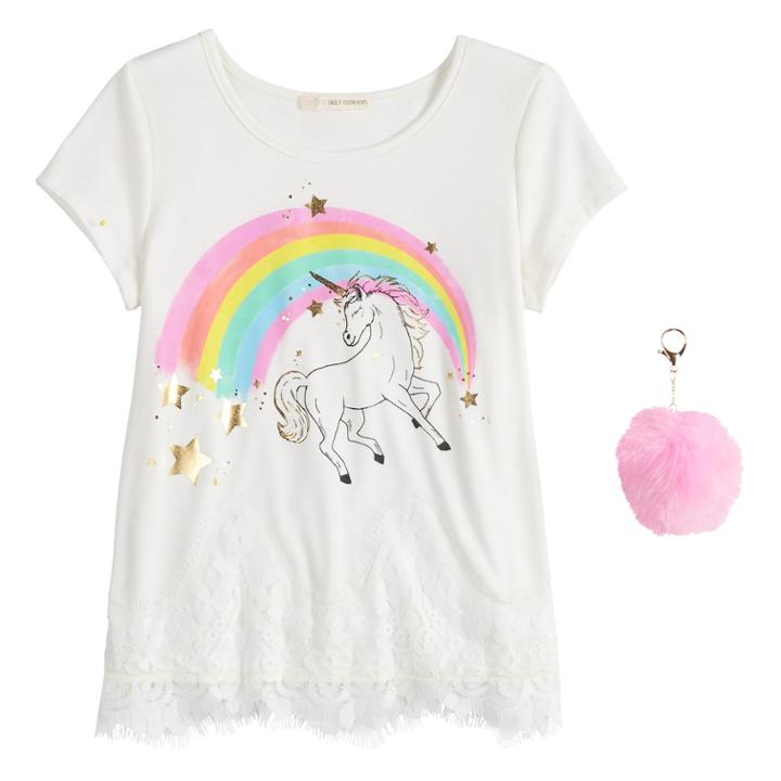 Plus Size Girls 7-16 Self Esteem Lace Trim Graphic Tee With Pom Keychain, Size: Xxl Plus, White