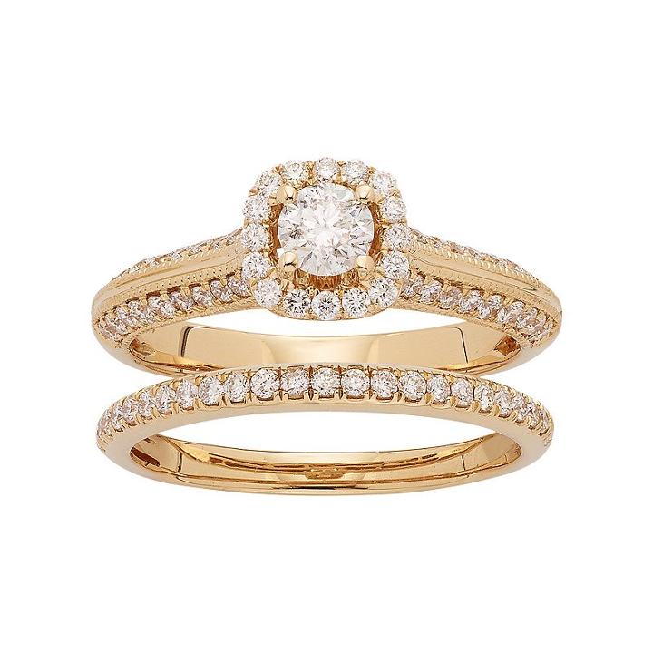 14k Gold 1 Carat T.w. Igl Certified Diamond Halo Engagement Ring Set, Women's, Size: 6.50, Yellow