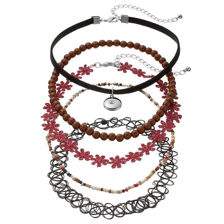 Mudd&reg; Red Flower, Bead & Tattoo Choker Necklace Set, Women's, Dark Red