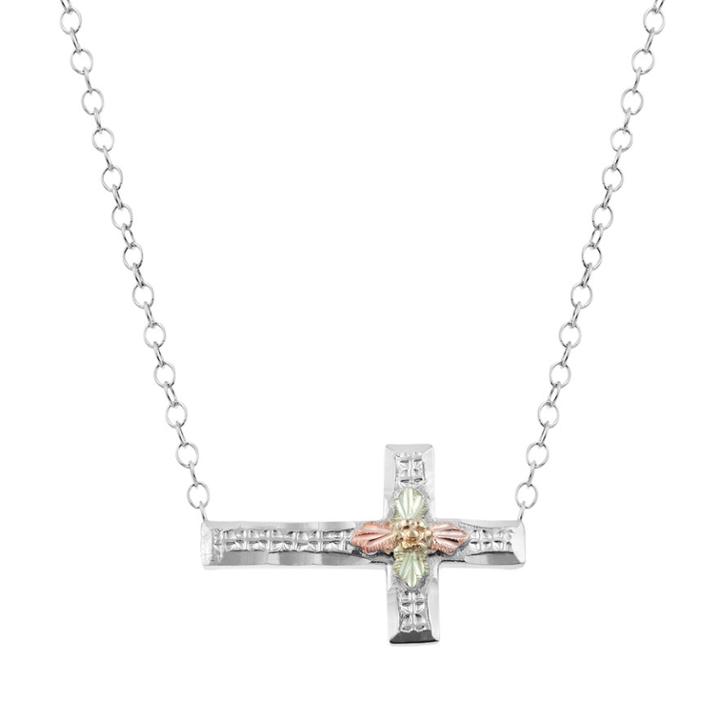 Black Hills Gold Four Tone Leaf Sideways Cross Necklace In Sterling Silver, Women's, Size: 18
