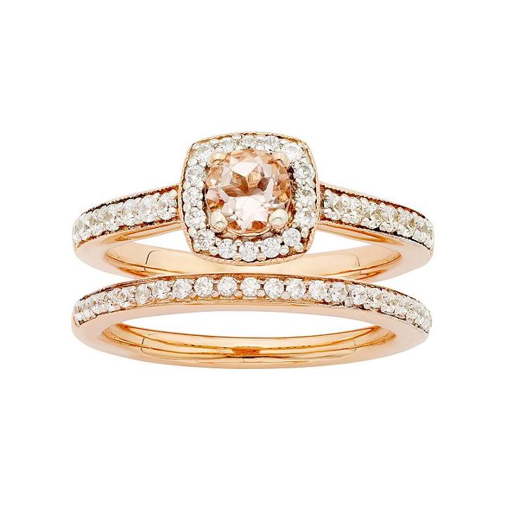 14k Rose Gold Morganite & 5/8 Carat T.w. Diamond Halo Engagement Ring Set, Women's, Size: 4.50, Pink
