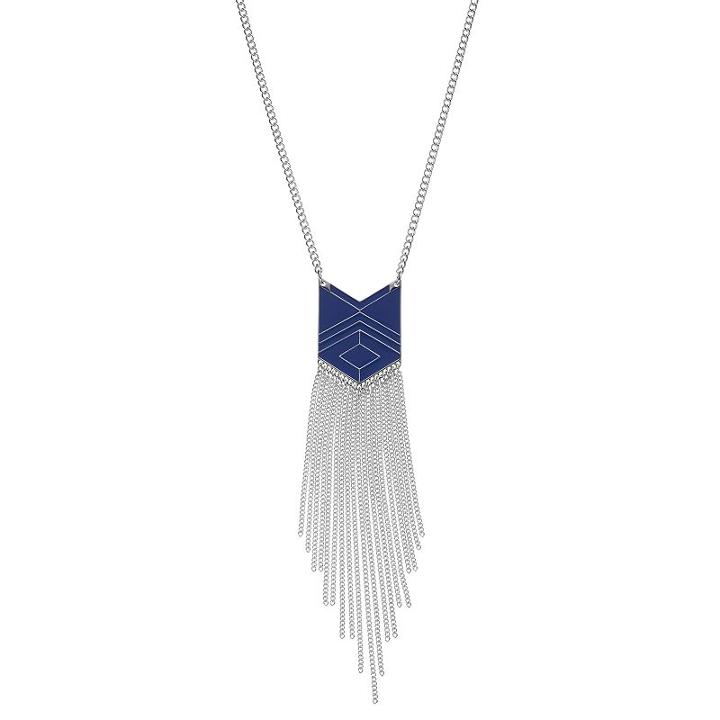 Chaps Long Blue Geometric Fringe Necklace, Women's, Navy