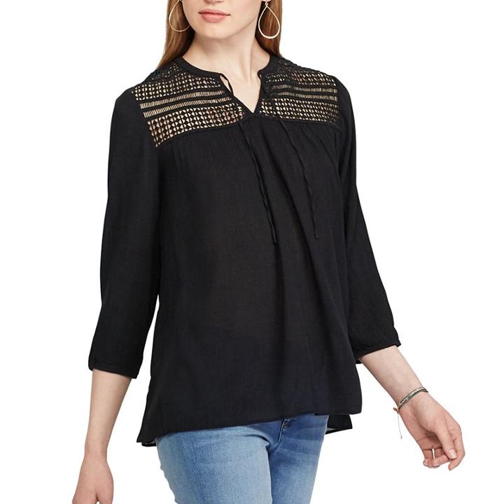 Women's Chaps Lace-yoke Peasant Top, Size: Xs, Black