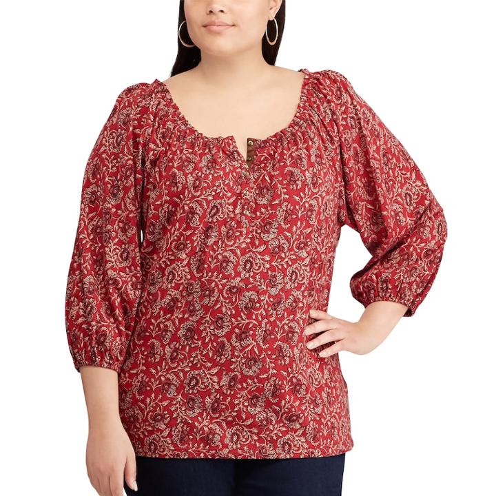 Plus Size Chaps Printed Ruffled Top, Women's, Size: 1xl, Red