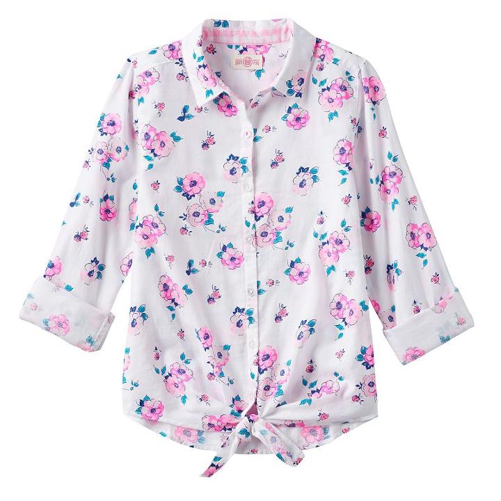 So, Girls Plus Size &reg; Tie-front Patterned Shirt, Girl's, Size: 18 1/2, Light Grey