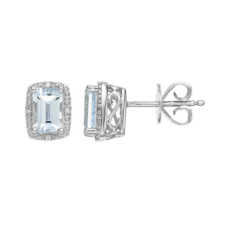 Sterling Silver Aquamarine & Diamond Accent Halo Stud Earrings, Women's, Blue