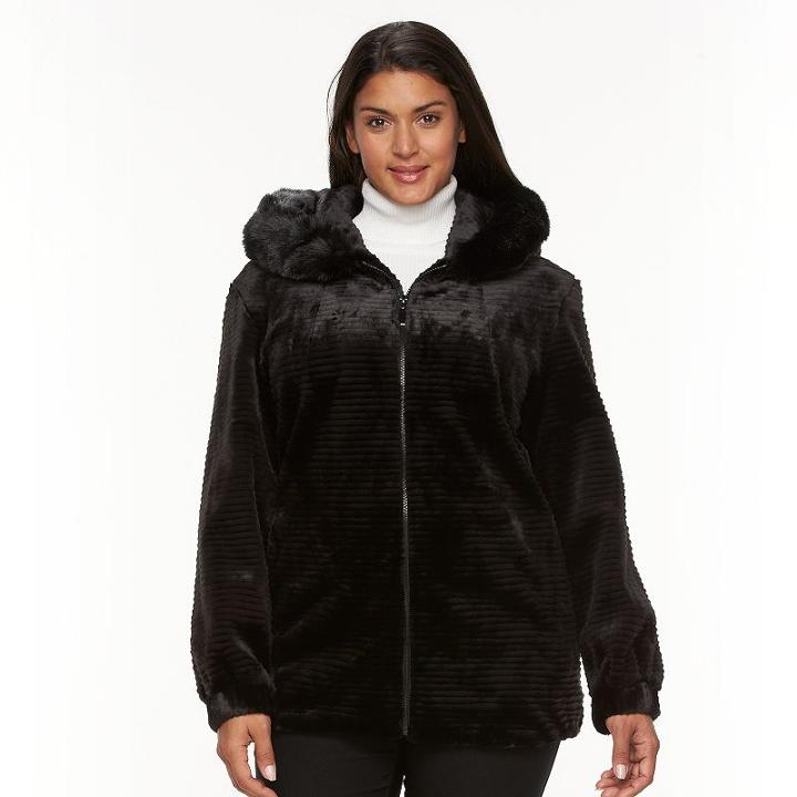 Plus Size Gallery Hooded Embossed Faux-fur Jacket, Women's, Size: 2xl, Black