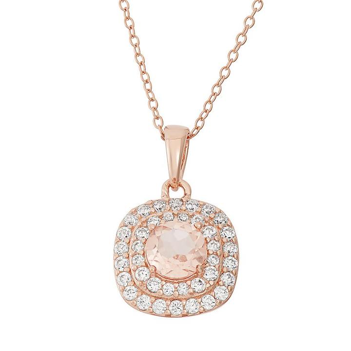 Peach Quartz Doublet & Cubic Zirconia 18k Rose Gold Over Silver Halo Pendant Necklace, Women's, Size: 18, Pink