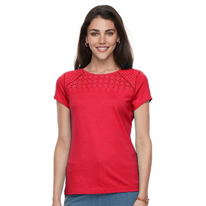Petite Croft & Barrow&reg; Lace-yoke Crewneck Tee, Women's, Size: S Petite, Med Red