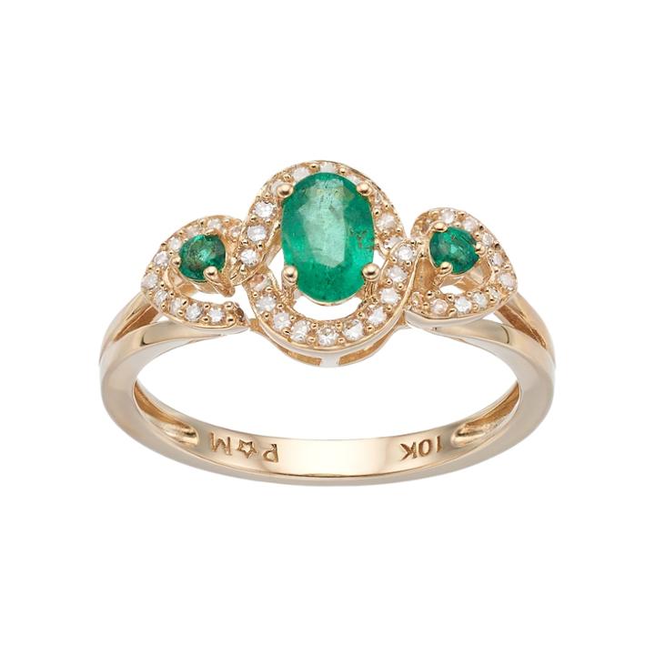 10k Gold Emerald & 1/6 Carat T.w. Diamond 3-stone Halo Ring, Women's, Size: 7, Green