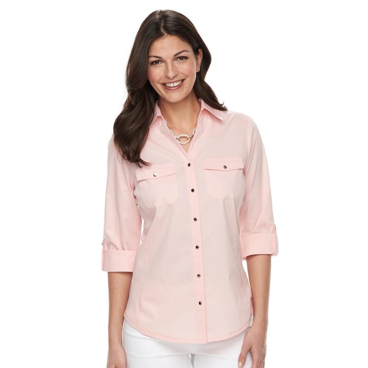 Women's Croft & Barrow&reg; Knit-to-fit Roll-tab Shirt, Size: Large, Pink
