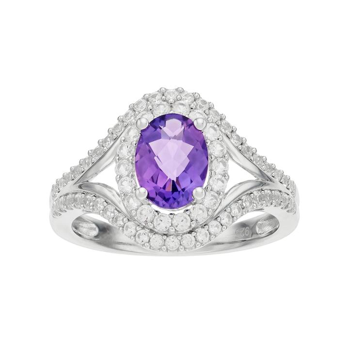 Sterling Silver Amethyst & Lab-created White Sapphire Oval Halo Ring, Women's, Size: 7, Purple