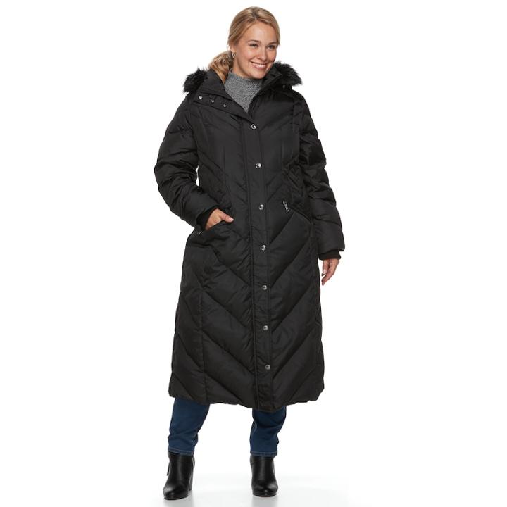 Plus Size Tower By London Fog Faux-fur Trim Down Long Puffer Jacket, Women's, Size: 3xl, Black