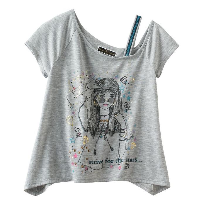 Disney D-signed Pirates Of The Caribbean: Dead Men Tell No Tales Girls 7-16 Asymmetrical Off Shoulder Sharkbite Hem Graphic Tee, Size: Xs, Light Grey