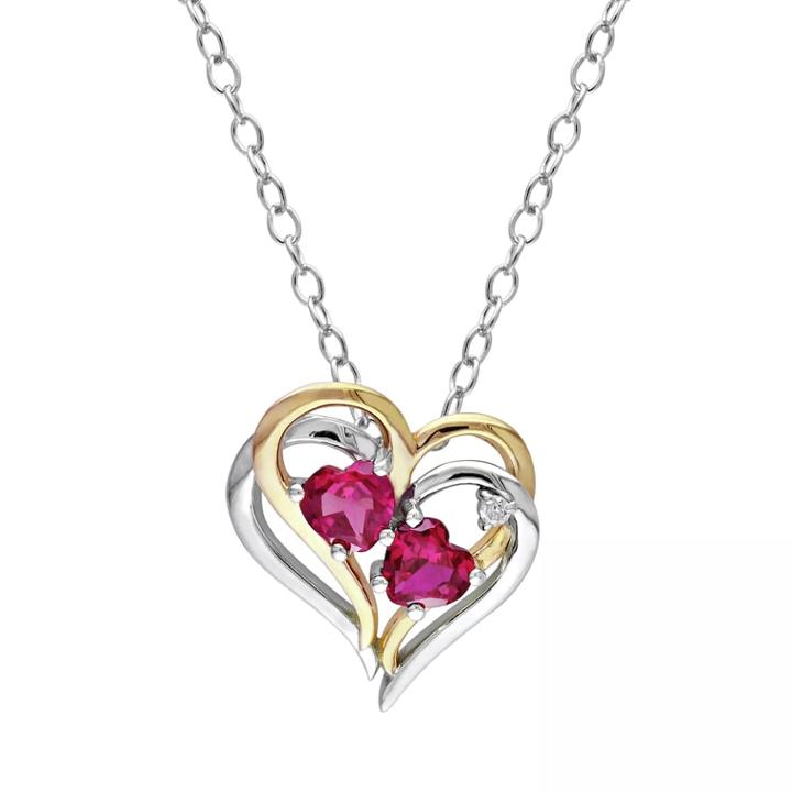 Stella Grace Simulated Ruby And Diamond Accent Sterling Silver Two Tone Double Heart Pendant Necklace, Women's, Size: 18, Red