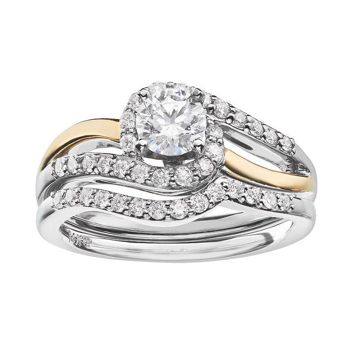 14k Gold 7/8 Carat T.w. Igl Certified Diamond Two Tone Swirl Engagement Ring Set, Women's, White